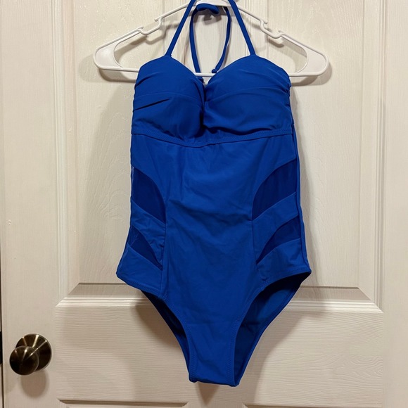Blue One Piece Swimsuit Mesh Sides Halter Neck Plunging Neckline Women Size M - Picture 4 of 6